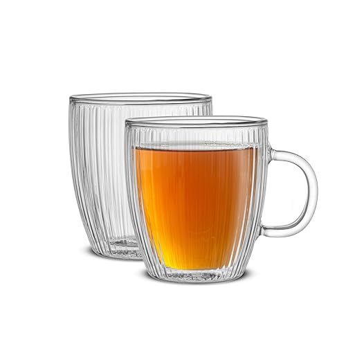 JoyJolt Geriffelte Glas-Kaffeetassen, doppelwandig, 382.7 g, klare Kaffeetasse, 2er-Set, Latte-Gläser, Cappuccino-Tassen, Klarglas-Kaffeetasse, gerippte Tassen, JG10321 von JoyJolt