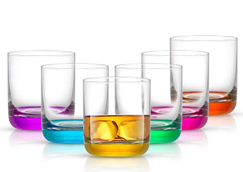 JoyJolt HUE Buntes Whiskey-Set. 6-teiliges Bar-Gläser, 284 ml Getränkegläser. Doppeltes altmodisches Glas – modernes Whiskeyglas-Set, niedrige Kugelgläser, Cocktailgläser, Whiskygläser. von JoyJolt