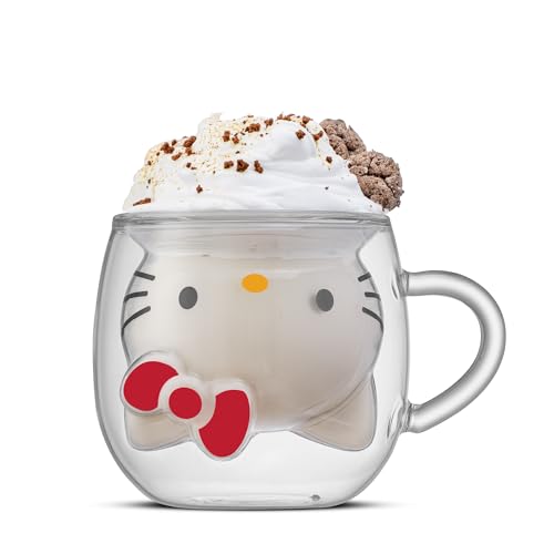JoyJolt Hello Kitty 3D-Espressotasse, 156 ml, doppelwandige Glastasse mit 3D-Design, isoliertes Espresso-Schnapsglas, Kawaii-Sanrio-Becher für Doppelschuss-Kaffee oder Tee, Hello Kitty Kitchen Stuff von JoyJolt