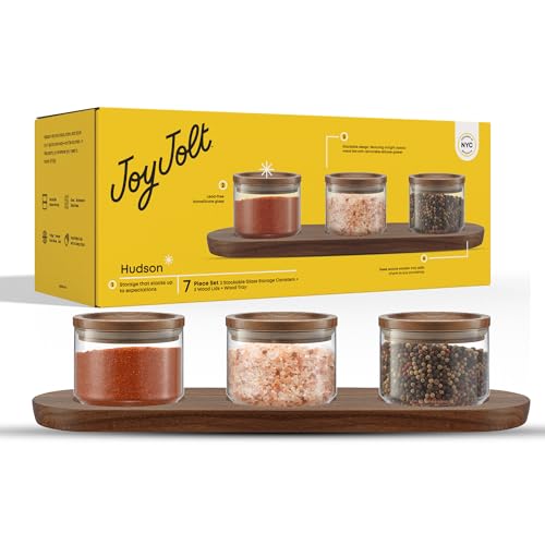 JoyJolt Holden stapelbare Glasbehälter mit Deckel und Holztablett, klein, luftdicht, mit Deckel aus Akazienholz, rund, transparent, stapelbar, Speisekammer und Küchenbehälter, 400 ml, 3 Stück von JoyJolt