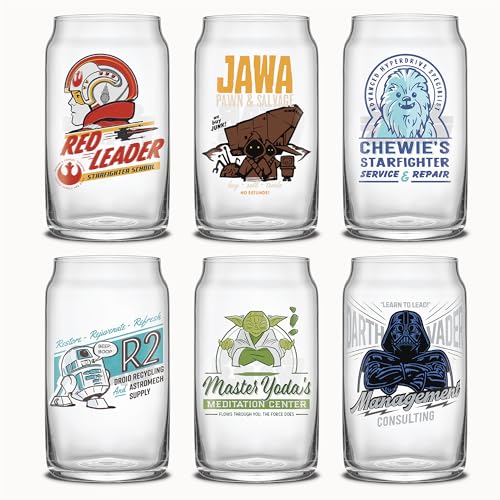 JoyJolt Star Wars Retro Vintage Collection Glasbecher mit Darth Vader, R2D2, Yoda, Chewbacca, Red Leader, Jawa, 500 ml, Original Trilogy Drinkware, 6er-Set mit Glas-Trinkhalmen, JSW10885 von JoyJolt