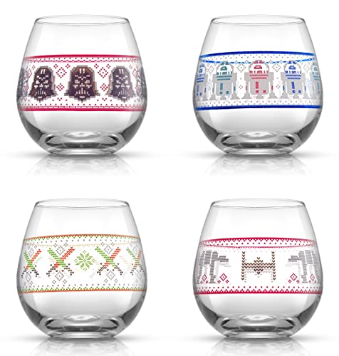 JoyJolt Star Wars™ Ugly Sweater Stiellose Gläser Set mit 4 großen 425 ml Stiellosen Glas-Trinkgläsern, Geschenke für Küche, Männer oder Frauen, Star Wars Sammlerstücke für Erwachsene von JoyJolt