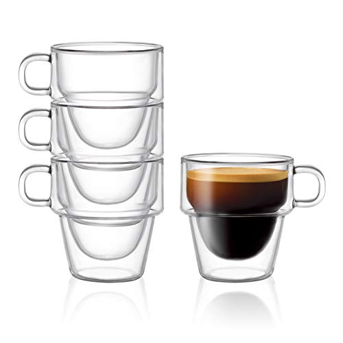 JoyJolt Stoiva Doppelwandige isolierte Espressoglasbecher,5 oz (150 ml) Espresso Schnapsglas Tasse mit Griff,Stapelbare Thermo-Klarglas-Tassen, passend für Espressomaschine und Kaffeemaschine,4er Set von JoyJolt