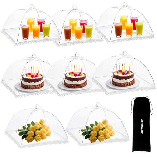 8 Stück Fliegenhaube, Pop-Up-Mesh Abdeckhaube für Lebensmittel, 43x43cm Wiederverwendbar Faltbar Abdeckung für Lebensmittel Kuchenabdeckung Fliegenschirm Essen,Obst, Picknick, BBQ (Weiß-8pcs) von JoyMaxJoy