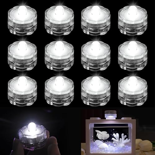 Joycabin 12 Stück Tauchbare LED Lichter, Flammenlose LED Kerzen Teelichter, Mini Unterwasser Licht Wasserdichte Lichter kleines LED Dekolichter für Aquarium Garten Teich Hochzeitsfeier (Kaltweiß) von Joycabin