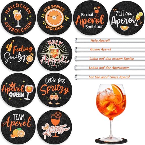 Joycabin 15 Stück Aperol Untersetzer Filz und Glasstrohhalme Aperol Spritz Geschenk, Wiederverwendbar Glas Strohhalm Rund Untersetzer Aperol Deko für Aperol Liebhaber, Sommer Tischdeko (Schwarz) von Joycabin