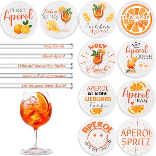 Joycabin 15 Stück Aperol Untersetzer Filz und Glasstrohhalme Aperol Spritz Geschenk, Wiederverwendbar Glas Strohhalm Rund Untersetzer Aperol Deko für Aperol Liebhaber, Sommer Tischdeko (Weiß) von Joycabin