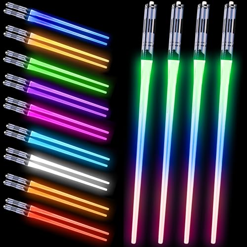 Joycabin 2 Paar Leuchtende Essstäbchen, LED Lichtschwert Essstäbchen mit 9 Farbmodi, BPA Frei und Lebensmittelecht, Lightsaber Chopsticks Wiederverwendbar für Küchen Dinnerparty Sushi Besteck (Stil C) von Joycabin