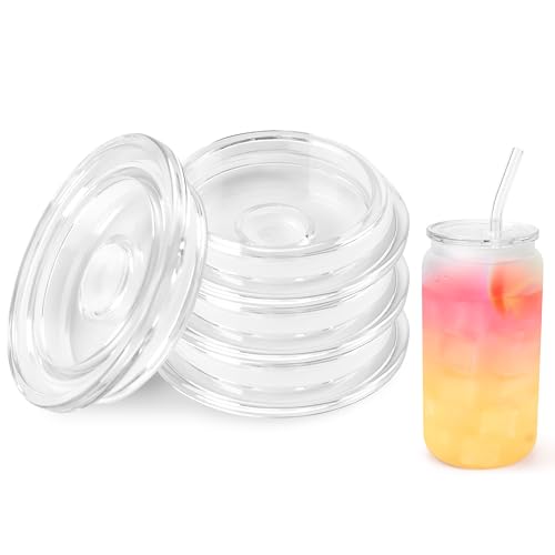 Joyclub 4 Stück Acryldeckel für 473 ml Glasbecher mit Bambusdeckel und Strohhalmen, wiederverwendbare Eiskaffeetasse, Bierdosen, Trinkgläser für Smoothie, Whiskey, Boba, Soda, Tee, Geschenk von Joyclub