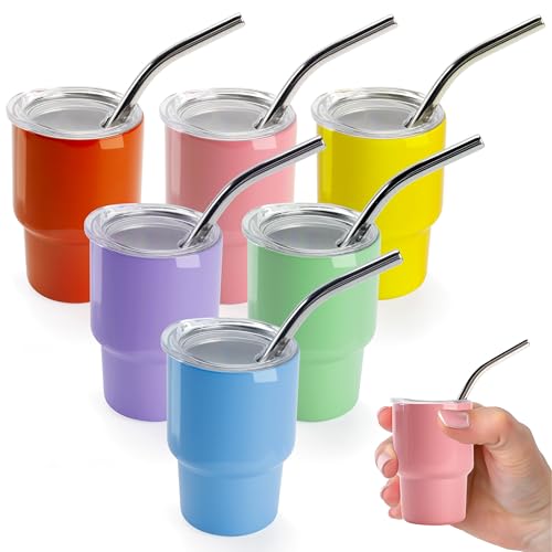 Joyclub Mini-Schnapsglas mit Strohhalm und Deckel, 85 ml, 6 Stück, farbige Edelstahl-Sublimationsschnapsgläser, Mini-Becher für Hochzeit, Party, Whiskey von Joyclub