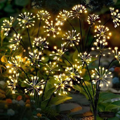 Joycome Gartenbeleuchtung Solar Außen 2 Stück LED Solarleuchten Pusteblume, 8 Modi Solarstecker Gartenlichter Wetterfest Solarlampen Feuerwerk für Garten Balkon Terrasse Deko - Warmweiß von Joycome
