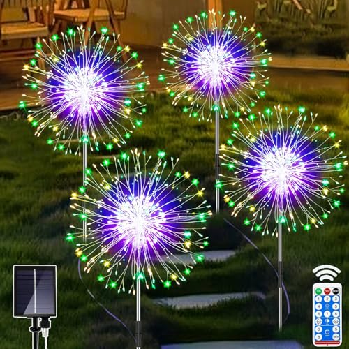 Joycome Solarlampen für Außen 4x120 LED Solarleuchten Pusteblume mit Fernbedienung, 8 Modi Feuerwerk Gartenbeleuchtung Winterfest Gartenlichter Solarstecker für Balkon Weg Deko - Mehrfarbig von Joycome