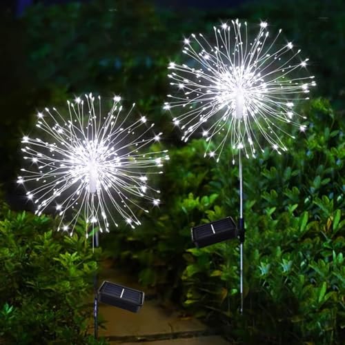 Joycome Gartendeko Solarleuchten für Außen, 2 Stück 120 LED Solarlichter Pusteblume, 8 Modi Solarstecker Gartenbeleuchtung Wetterfest Solarlampen Feuerwerk für Balkon Blumenkästen Deko - Weiß von Joycome