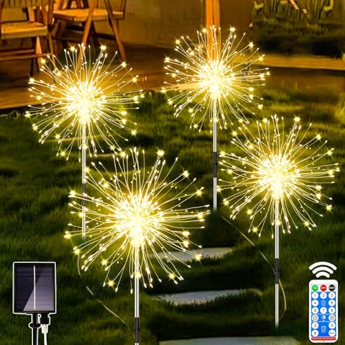 Joycome Solarlampen für Außen 4x120 LED Solarleuchten Pusteblume Gartenstecker mit Fernbedienung, 8 Modi Feuerwerk Gartenbeleuchtung Winterfest Gartenlichter Solar für Balkon Weg Blumenkästen Deko von Joycome