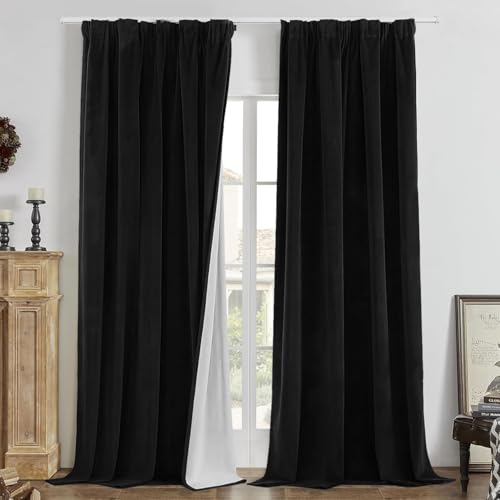 Joydeco 100% Blickdicht Samt Vorhänge mit Kräuselband 2 er Set H 220 x B 140 Schwarz Schienensystem Schiebevorhang Verdunkelung Thermovorhang Kälteschutz Gardinen Schlafzimmer Wohnzimmer Curtains von Joydeco