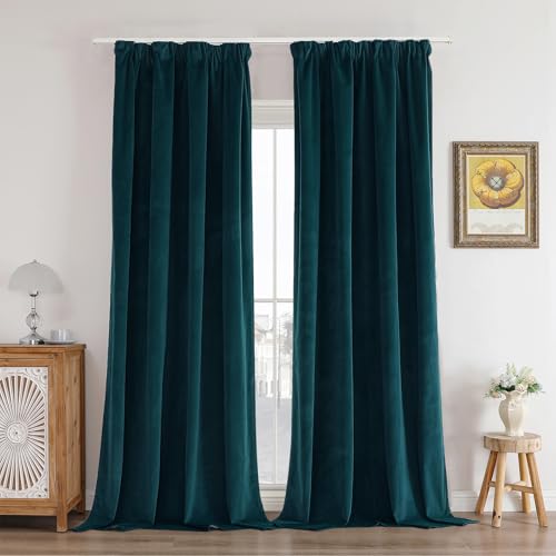 Joydeco 100% Blickdicht Samt Vorhänge mit Kräuselband 2 er Set H 225 x B 132 Blaugrün Schienensystem Schiebevorhang Verdunkelung Thermovorhang Kälteschutz Gardinen Schlafzimmer Wohnzimmer Curtains von Joydeco