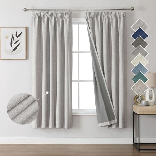 Joydeco 100% Verdunkelungsvorhänge Leinen Gardinen mit Kräuselband 2er Set H175xB140cm Grauweiß, Thermovorhang Kälteschutz Blickdicht Schallschutz Ideal für Wohnzimmer passt zu Schienensystemen von Joydeco
