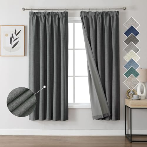 Joydeco 100% Verdunkelungsvorhänge Leinen Gardinen mit Kräuselband 2er Set H183xB132cm Grau, Thermovorhang Kälteschutz Blickdicht Schallschutz Ideal für Wohnzimmer passt zu Schienensystemen von Joydeco