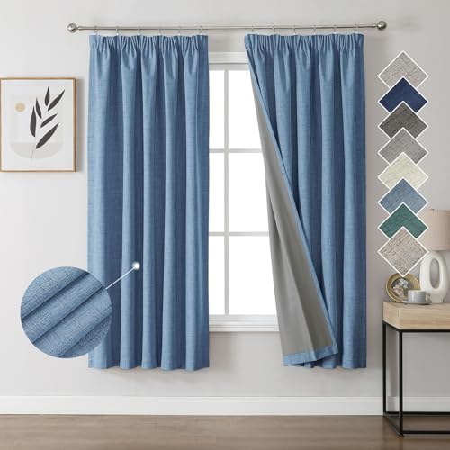 Joydeco 100% Verdunkelungsvorhänge Leinen Gardinen mit Kräuselband 2er Set H183xB132cm Wathet, Thermovorhang Kälteschutz Blickdicht Schallschutz Ideal für Wohnzimmer passt zu Schienensystemen von Joydeco