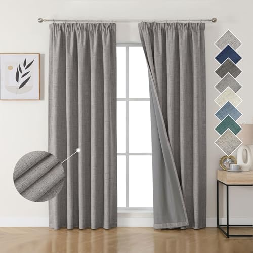 Joydeco 100% Verdunkelungsvorhänge Leinen Gardinen mit Kräuselband 2er Set H200xB140cm Hellgrau, Thermovorhang Kälteschutz Blickdicht Schallschutz Ideal für Wohnzimmer passt zu Schienensystemen von Joydeco