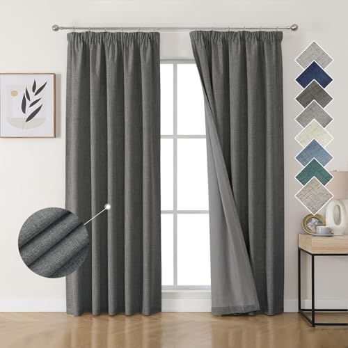 Joydeco 100% Verdunkelungsvorhänge Leinen Gardinen mit Kräuselband 2er Set H214xB132cm Grau, Thermovorhang Kälteschutz Blickdicht Schallschutz Ideal für Wohnzimmer passt zu Schienensystemen von Joydeco