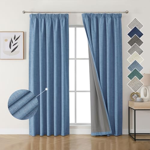 Joydeco 100% Verdunkelungsvorhänge Leinen Gardinen mit Kräuselband 2er Set H229xB167cm Wathet, Thermovorhang Kälteschutz Blickdicht Schallschutz Ideal für Wohnzimmer passt zu Schienensystemen von Joydeco