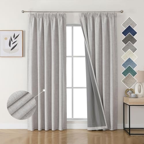Joydeco 100% Verdunkelungsvorhänge Leinen Gardinen mit Kräuselband 2er Set H245xB140cm Grauweiß, Thermovorhang Kälteschutz Blickdicht Schallschutz Ideal für Wohnzimmer passt zu Schienensystemen von Joydeco