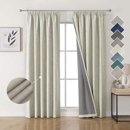 Joydeco 100% Verdunkelungsvorhänge Leinen Gardinen mit Kräuselband 2er Set H214xB132cm Hellbeige, Thermovorhang Kälteschutz Blickdicht Schallschutz Ideal für Wohnzimmer passt zu Schienensystemen von Joydeco