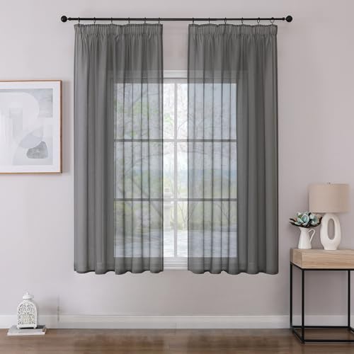 Joydeco 2er Set H145 x B140 cm Grau Transparente Kurz Schien Gardinen Sheer Voile Vorhänge für Schienensystem mit Kräuselband Vorhang Polyester Durchlässig Curtains Modern Schlafzimmer Wohnzimmer von Joydeco