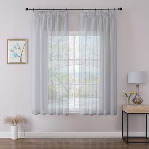Joydeco 2er Set H145 x B140 cm Graublaue Transparente Kurz Schien Gardinen Sheer Voile Vorhänge für Schienensystem mit Kräuselband Vorhang Polyester Durchlässig Curtains Modern Schlafzimmer Wohnzimmer von Joydeco