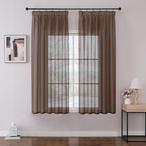 Joydeco 2er Set H160 x B140 cm Braun Voile Kurz Gardinen Vorhänge mit Kräuselband Transparent Polyester Vorhang Modern Wohnzimmer Schlafzimmer von Joydeco