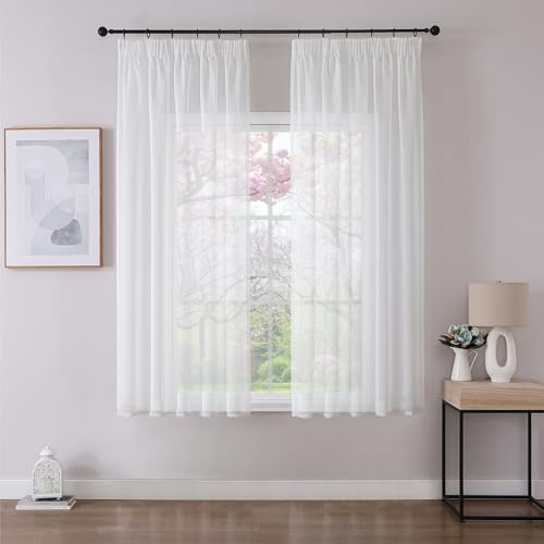 Joydeco 2er Set H160 x B140 cm Weiß Voile Kurz Gardinen Vorhänge mit Kräuselband Transparent Polyester Vorhang Modern Wohnzimmer Schlafzimmer von Joydeco