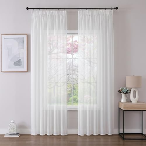 Joydeco 2er Set H183 x B140 cm Weiß Gardinen mit Kräuselband Sheer Voile Vorhänge Durchlässig Polyester Curtains Modern Schlafzimmer Living Room von Joydeco