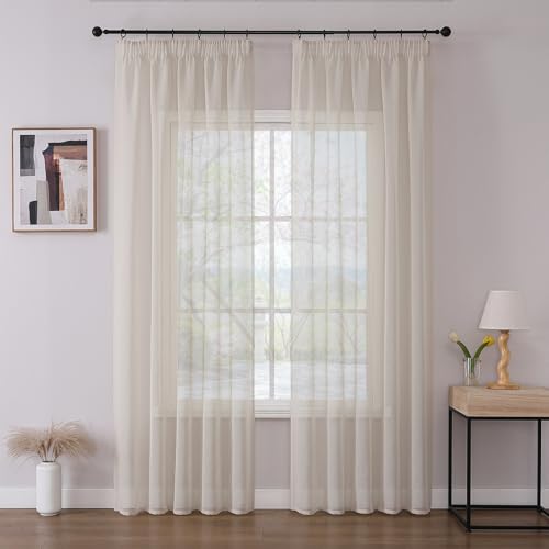 Joydeco 2er Set H245 x B140 cm Leinenfarbene Transparent Vorhang Schiene Gardinen mit Kräuselband Durchlässig Curtains Lang Vorhänge für Schienensystem Modern von Joydeco