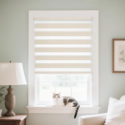 Joydeco Doppelrollo ohne Bohren mit Klemmfix und Anti-Verhedderungszubehör stufenlos verstellbar lichtdurchlässig verdunkelnd Hellbeige B45 x H100 cm(Stoffbreite 41cm) von Joydeco