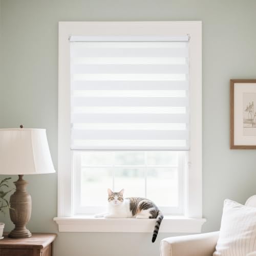Joydeco Doppelrollo ohne Bohren mit Klemmfix und Anti-Verhedderungszubehör stufenlos verstellbar lichtdurchlässig verdunkelnd Weiß B80 x H130 cm(Stoffbreite 76cm) von Joydeco