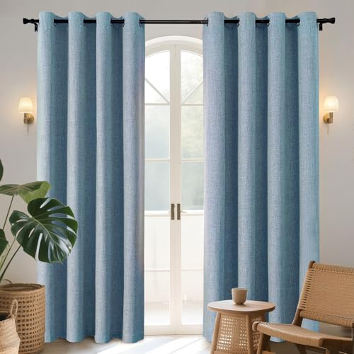 Joydeco Hellblaue Verdunkelungsvorhänge, 308 cm lang, extra lang, Verdunkelungsvorhänge für Wohnzimmer, Schlafzimmer, Leinenstruktur, Raumverdunkelungsvorhänge für Fenster mit Ösen (132 x 308 cm, von Joydeco