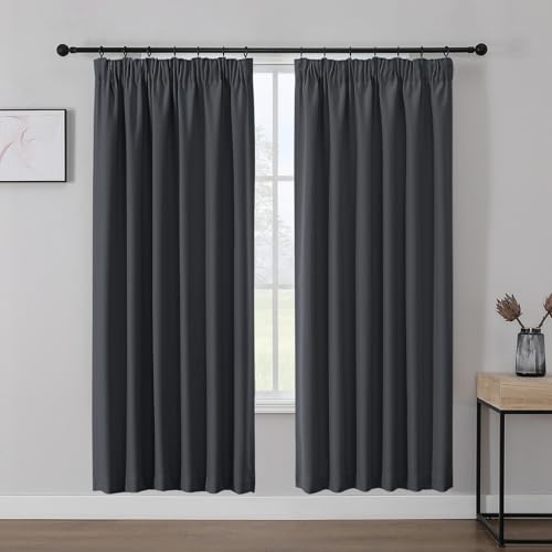 Joydeco Vorhänge mit Kräuselband Gardinen Blickdichte 2er Set Schienenvorhang Verdunkelung Wärmeschutzvorhang Übergardinen Hakengardinen Lärmschutz Wohnzimmer H225xB132 cm Dunkelgrau von Joydeco