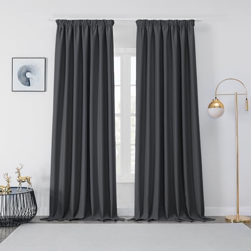 Joydeco Vorhänge mit Kräuselband Gardinen Blickdichte 2er Set Schienenvorhang Verdunkelung Wärmeschutzvorhang Übergardinen Hakengardinen Lärmschutz Wohnzimmer H260xB132 cm Dunkelgrau von Joydeco