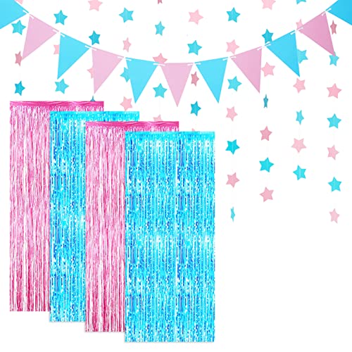 Joyeah 4 Stück Folien-Fransenvorhänge Rosa Blau Metallic Lametta Vorhang Wimpelkette Banner Glitzer Papier Sternform Girlande Dekorationen Luftschlangen Hintergrund für Babyparty Party von Joyeah