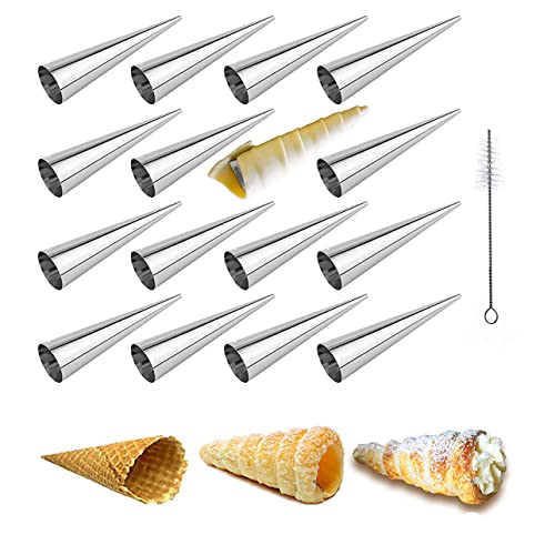 Joyeee 16 Sahnehorn-Formen mit Reinigungsbürste, Edelstahl-Kegelrollen, Cannoli-Formen zum Backen von Cannoli-Muscheln, knusprigem Gebäck für Weihnachten, Geburtstag Party Geschenke, 12,7 cm von Joyeee