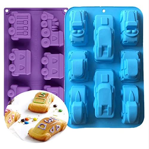 Joyeee 2 Stück Zug Auto Auto Silikon Formen, Silikon Form Pfanne Tablett Silikon Backform für Muffin Kuchen Cupcake Tart Pie Eiswürfel Süßigkeiten Fondant Seife Weihnachtsgeschenke für Kinder von Joyeee