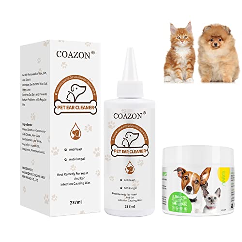 Joyeee Ohrenreiniger für Hunde and Katzen, alkoholfrei, natürliches Aloe Vera, mit Reinigungstüchern, Behandlung von Ohrinfektionen, stoppt Juckreiz, beseitigt Gerüche, entfernt Ohrenschmalz - 237 ml von Joyeee