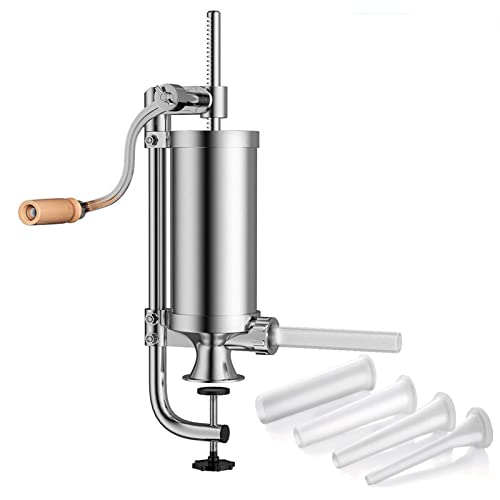 Joyeee Wurstfüller Manuelle 2.5 LB, Vertikal Wurstmaschine aus Edelstahl mit Handkurbel und Tischklemme, inkl. 4 Füllrohre Aufsatz, professionelle Wurstpresse Fleischmühle für Hausgemachte Wurstbrät von Joyeee