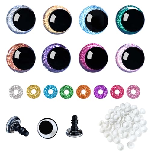 Joyek Sicherheitsaugen 12mm – 64 Stück Bastelaugen mit Glitzer Unterlegscheiben – Schwarze Offset-Augen mit 8 Farben für Amigurumi, Häkeltiere, DIY Kuscheltiere von Joyek