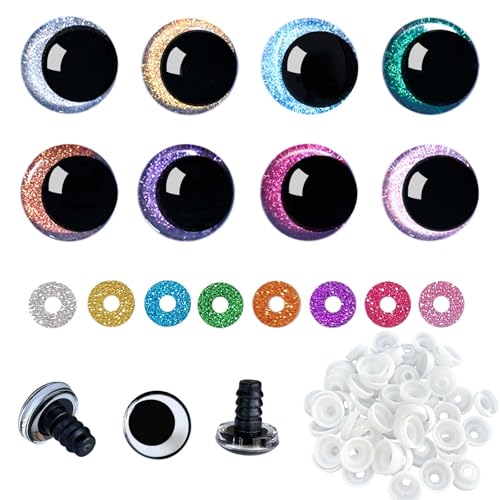 Joyek Sicherheitsaugen 14mm – 64 Stück Bastelaugen mit Glitzer-Unterlegscheiben – Offset-Augen für Häkeln, Puppen, Stofftiere, DIY Bastelprojekte von Joyek