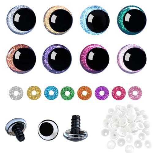 Joyek Sicherheitsaugen 16mm – 64 Stück Bastelaugen mit 8 Farben Glitzer-Scheiben – Augen für Häkeltiere, Plüschfiguren und Bastler von Joyek