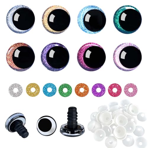 Joyek Sicherheitsaugen 18mm – 48 Stück Bastelaugen mit 8 Farben Glitzer-Scheiben – Augen für Häkeltiere, Plüschfiguren und Bastler von Joyek