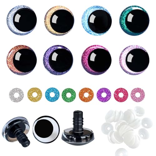 Joyek Sicherheitsaugen 25mm – 32 Stück Große Bastelaugen mit bunten Glitzer-Unterlegscheiben – Für große Amigurumi & DIY Plüschtiere von Joyek