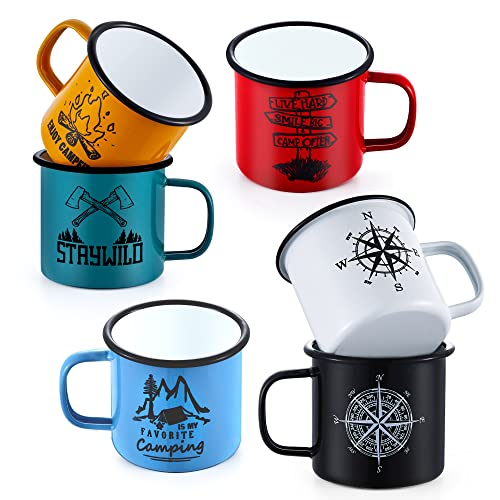 Emaille Tasse 6er-Set, Joyfair 455 ml Bunte Kaffeetassen - Blau/Rot/Grün/Gelb/Schwarz/Weiß, Trinkbecher Teetasse für Camping, Daheim, Büro, Tragbar & Mehrweg, Doppelseitiges Muster & Einfach Reinigung von Joyfair